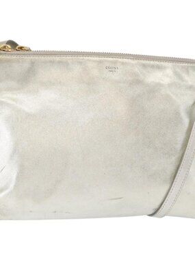 Authentic CELINE Trio large Shoulder Bag Leather Silver Gold